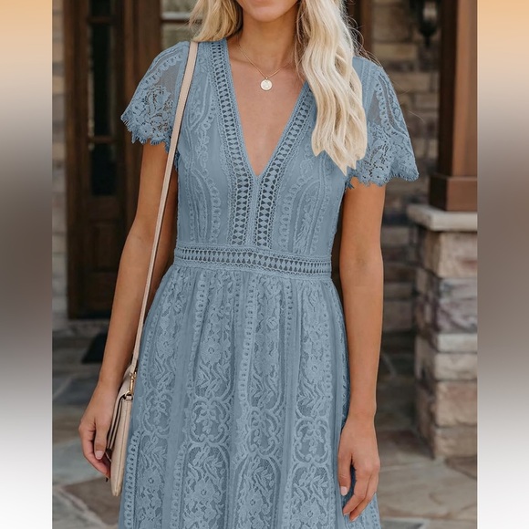 MEROKEETY V Neck Short Sleeve Floral Lace Wedding Dress A Line Boho Maxi Dress - Picture 4 of 9